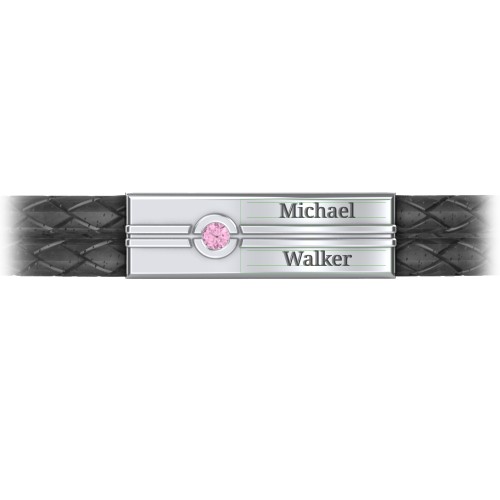 Men’s Black Leather Sterling Silver Engravable Gemstone Rectangle Bracelet – Sterling Silver with Pink Tourmaline