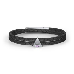 Men’s Leather Sterling Silver Engravable Gemstone Triangle Bracelet in 925 Sterling Silver with Amethyst, Blue Sapphire, Smokey Quartz, and Blue Topaz