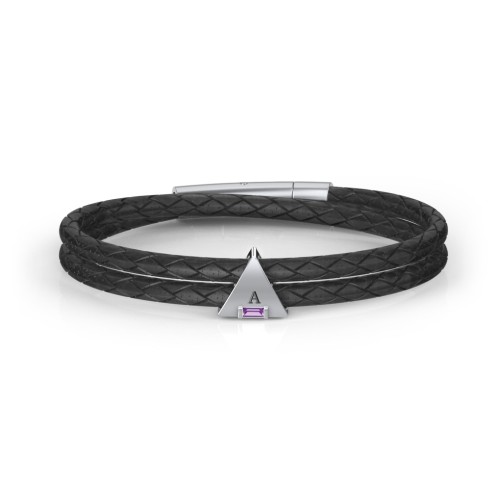 Men’s Leather Sterling Silver Engravable Gemstone Triangle Bracelet – Sterling Silver with Amethyst