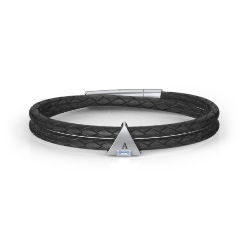 Men’s Leather Sterling Silver Engravable Gemstone Triangle Bracelet – Sterling Silver with Blue Topaz