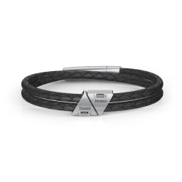 Men’s Leather Sterling Silver 2 Engravable Gemstone Triangle Bracelet in 925 Sterling Silver with Smokey Quartz and Blue Topaz