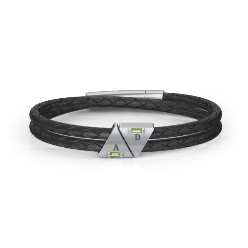 Men’s Leather Sterling Silver 2 Engravable Gemstone Triangle Bracelet – Sterling Silver with Peridot