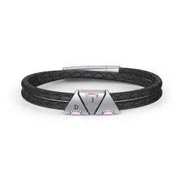 Menβs Leather Sterling Silver 3 Engravable Gemstone Triangle Bracelet