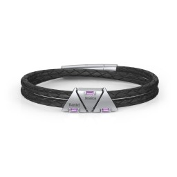 Men’s Leather Sterling Silver 3 Engravable Gemstone Triangle Bracelet in 925 Sterling Silver with Amethyst and Blue Topaz