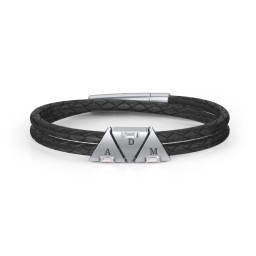 Men’s Leather Sterling Silver 3 Engravable Gemstone Triangle Bracelet in 925 Sterling Silver with Diamond and Blue Topaz