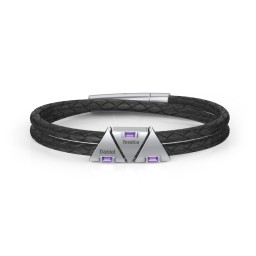 Men’s Leather Sterling Silver 3 Engravable Gemstone Triangle Bracelet in 925 Sterling Silver with Amethyst and Blue Topaz
