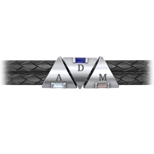 Men’s Leather Sterling Silver 3 Engravable Gemstone Triangle Bracelet – Sterling Silver with Aquamarine, Blue Sapphire, and Smokey Quartz