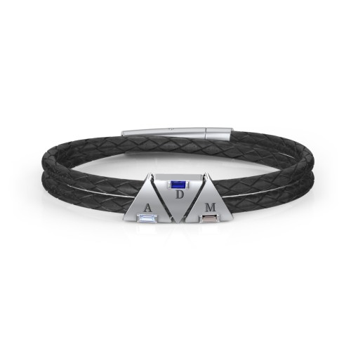 Men’s Leather Sterling Silver 3 Engravable Gemstone Triangle Bracelet – Sterling Silver with Aquamarine, Blue Sapphire, and Smokey Quartz