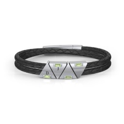 Men’s Leather Sterling Silver 4 Engravable Gemstone Triangle Bracelet