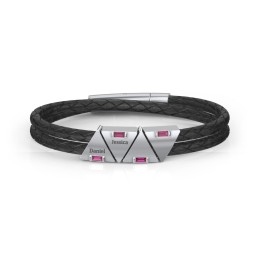 Men’s Leather Sterling Silver 4 Engravable Gemstone Triangle Bracelet in 925 Sterling Silver with Ruby