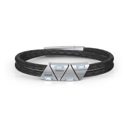 Men’s Leather Sterling Silver 4 Engravable Gemstone Triangle Bracelet in 925 Sterling Silver with Blue Topaz