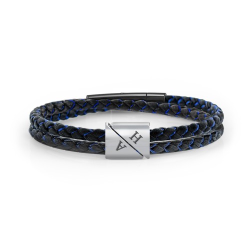Men's Engravable Black Leather & Blue Silk Double Triangle Bracelet