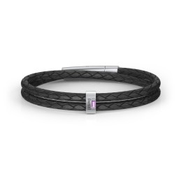 Men’s Leather Sterling Silver Vertical Bar Bracelet with Gemstones in 925 Sterling Silver with Amethyst, Blue Topaz, Peridot, Aquamarine, and Cubic Zirconia