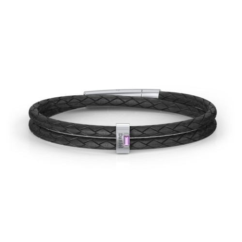 Men’s Leather Sterling Silver Vertical Bar Bracelet with Gemstones – Sterling Silver with Amethyst