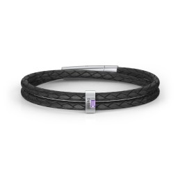 Men’s Leather Sterling Silver Vertical Bar Bracelet with Gemstones in 925 Sterling Silver with Amethyst, Blue Topaz, Peridot, Aquamarine, and Cubic Zirconia