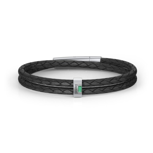 Men’s Leather Sterling Silver Vertical Bar Bracelet with Gemstones – Sterling Silver with Emerald