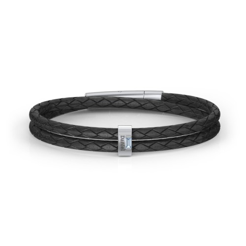Men’s Leather Sterling Silver Vertical Bar Bracelet with Gemstones – Sterling Silver with Blue Topaz