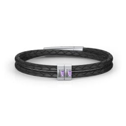 Men’s Leather Sterling Silver 2 Vertical Bar Bracelet with Gemstones