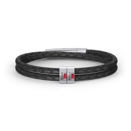 Men’s Leather Sterling Silver 2 Vertical Bar Bracelet with Gemstones