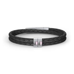 Men’s Leather Sterling Silver 2 Vertical Bar Bracelet with Gemstones