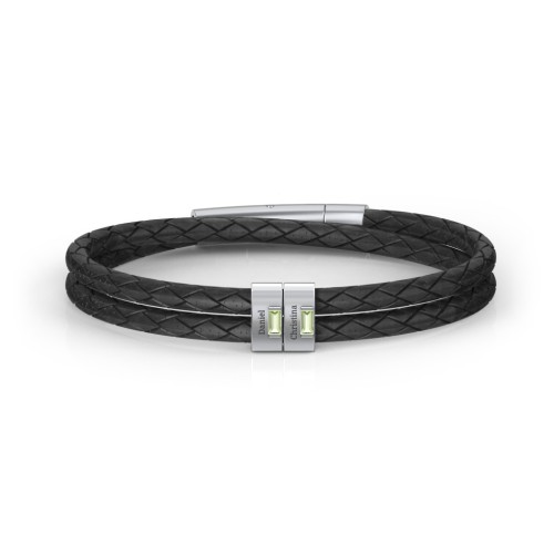 Men’s Leather Sterling Silver 2 Vertical Bar Bracelet with Gemstones