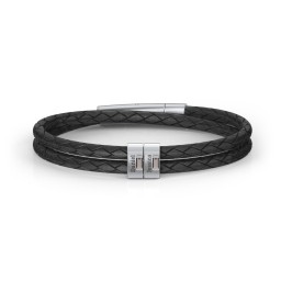 Men’s Leather Sterling Silver 2 Vertical Bar Bracelet with Gemstones in 925 Sterling Silver with Smokey Quartz, Peridot, Aquamarine, and Cubic Zirconia