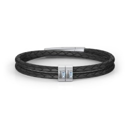 Men’s Leather Sterling Silver 2 Vertical Bar Bracelet with Gemstones in 925 Sterling Silver with Blue Topaz, Peridot, Aquamarine, and Cubic Zirconia