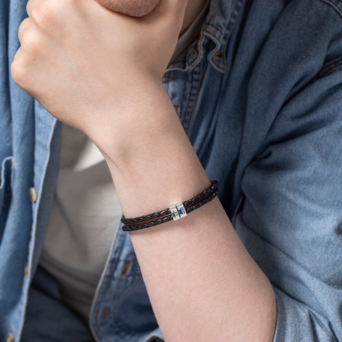 Men’s Leather Sterling Silver 2 Vertical Bar Bracelet with Gemstones – Sterling Silver with Smokey Quartz and Blue Topaz