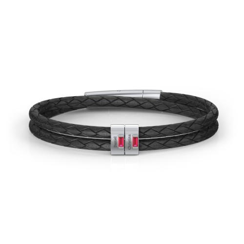 Men’s Leather Sterling Silver 2 Vertical Bar Bracelet with Gemstones – Sterling Silver with Ruby