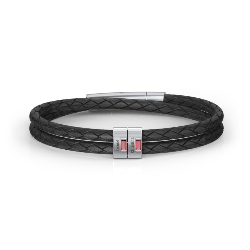 Men’s Leather Sterling Silver 2 Vertical Bar Bracelet with Gemstones – Sterling Silver with Garnet