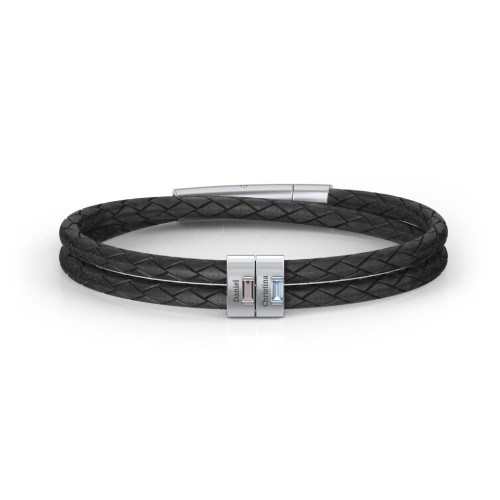 Men’s Leather Sterling Silver 2 Vertical Bar Bracelet with Gemstones – Sterling Silver with Smokey Quartz and Blue Topaz