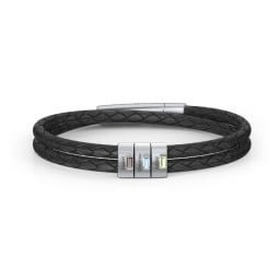 Men’s Leather Sterling Silver 3 Vertical Bar Bracelet with Gemstones