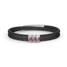 Men’s Leather Sterling Silver 3 Vertical Bar Bracelet with Gemstones in 925 Sterling Silver with Ruby, Aquamarine, and Cubic Zirconia