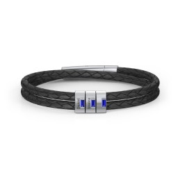 Men’s Leather Sterling Silver 3 Vertical Bar Bracelet with Gemstones in 925 Sterling Silver with Blue Sapphire, Aquamarine, and Cubic Zirconia