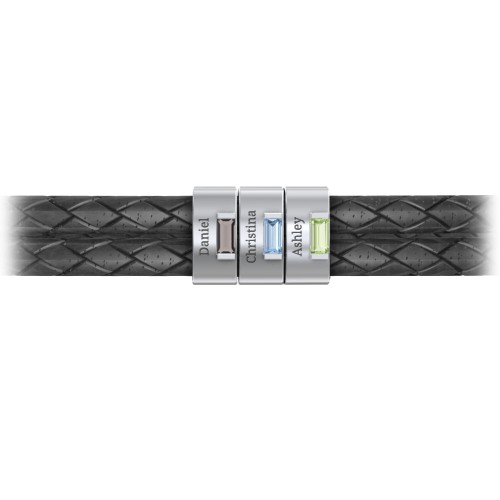 Men’s Leather Sterling Silver 3 Vertical Bar Bracelet with Gemstones – Sterling Silver with Smokey Quartz, Blue Topaz, and Peridot