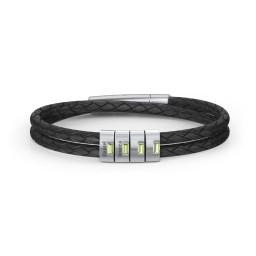 Men’s Leather Sterling Silver 4 Vertical Bar Bracelet with Gemstones in 925 Sterling Silver with Peridot and Cubic Zirconia