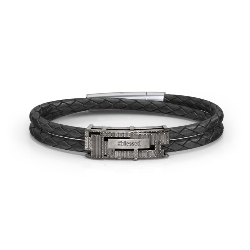 Men’s Leather Sterling Silver Engravable Riveted Plate Bracelet – Sterling Silver
