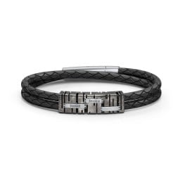 Men’s Leather Sterling Silver Engravable Industrial Plate Bracelet
