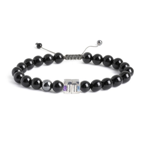 Men's Engravable S-Knot Bead Bracelet with Baguette Gemstones – Sterling Silver with Amethyst, Blue Topaz, and