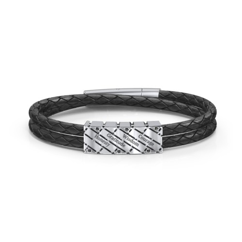 Men’s Leather Sterling Silver Engravable Bar Bracelet with Brick Pattern