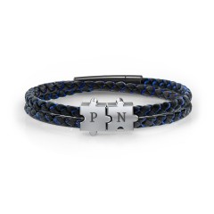 Men’s Engravable Black Leather & Blue Silk Initial Bracelet with Puzzle Pieces – Sterling Silver