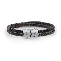 Men’s Engravable Black Leather & Brown Silk Initial Bracelet with Puzzle Pieces in 925 Sterling Silver