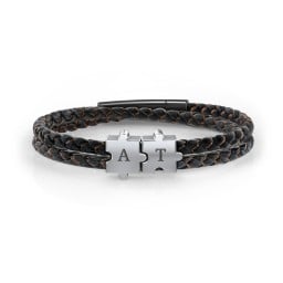 Men’s Engravable Black Leather & Brown Silk Initial Bracelet with Puzzle Pieces