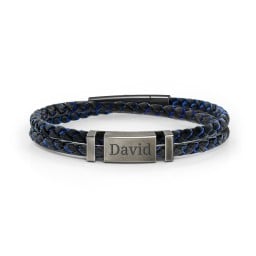 Men’s Engravable Black Leather & Blue Silk Bracelet with Brush Finish Plate