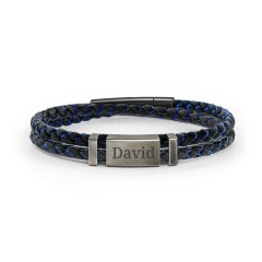 Men’s Engravable Black Leather & Blue Silk Bracelet with Brush Finish Plate – Sterling Silver