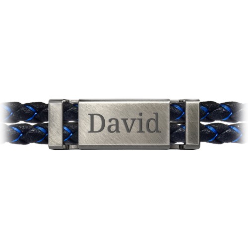 Men’s Engravable Black Leather & Blue Silk Bracelet with Brush Finish Plate – Sterling Silver