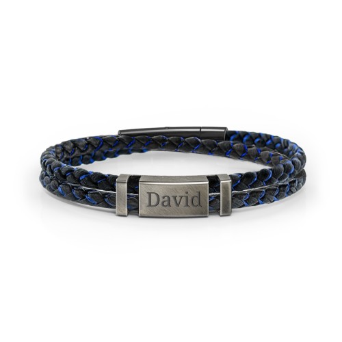Men’s Engravable Black Leather & Blue Silk Bracelet with Brush Finish Plate – Sterling Silver