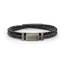 Men’s Engravable Black Leather & Brown Silk Bracelet with Brush Finish Plate in 925 Sterling Silver