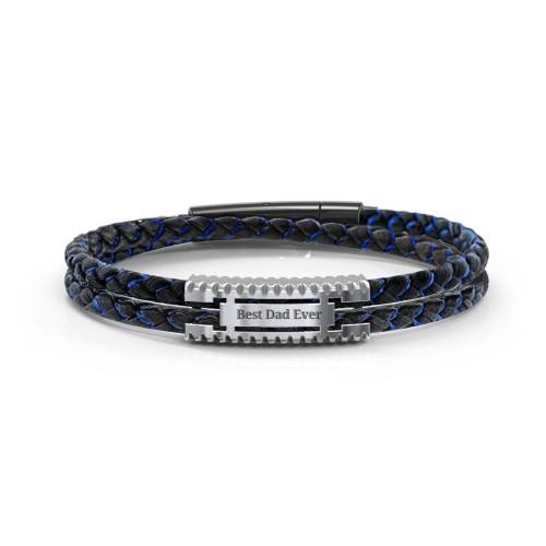 Men’s Engravable Black Leather & Blue Silk Bracelet with Polished Plate – Sterling Silver