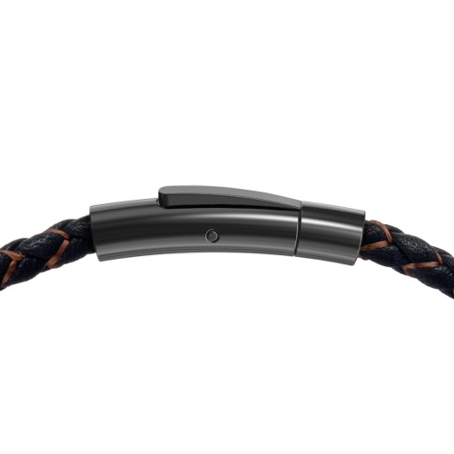 Men’s Engravable Black Leather & Brown Silk Bracelet with Polished Plate